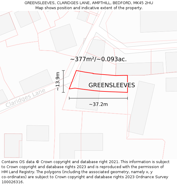 GREENSLEEVES, CLARIDGES LANE, AMPTHILL, BEDFORD, MK45 2HU: Plot and title map