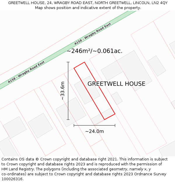 GREETWELL HOUSE, 24, WRAGBY ROAD EAST, NORTH GREETWELL, LINCOLN, LN2 4QY: Plot and title map