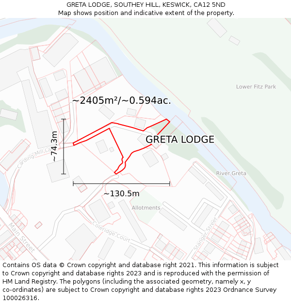 GRETA LODGE, SOUTHEY HILL, KESWICK, CA12 5ND: Plot and title map