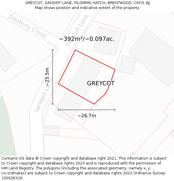 GREYCOT, SANDPIT LANE, PILGRIMS HATCH, BRENTWOOD, CM15 9JJ: Plot and title map