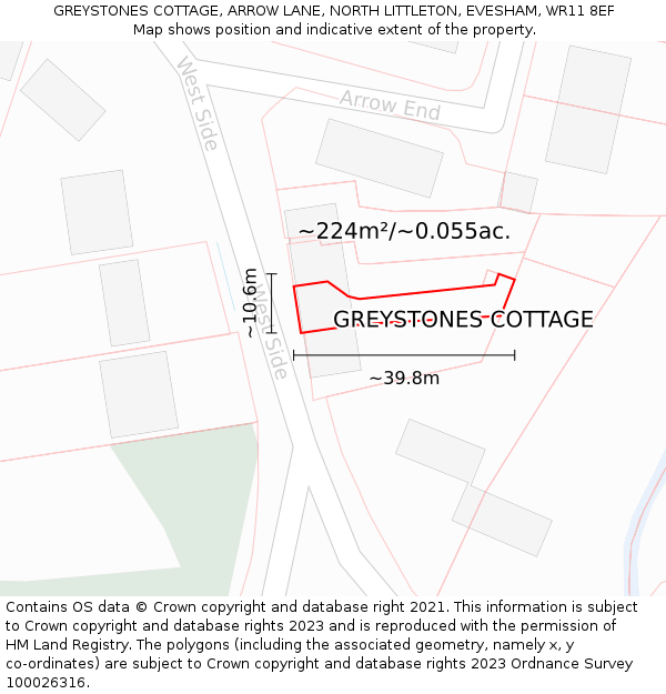GREYSTONES COTTAGE, ARROW LANE, NORTH LITTLETON, EVESHAM, WR11 8EF: Plot and title map