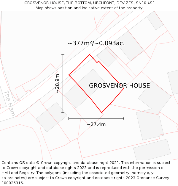 GROSVENOR HOUSE, THE BOTTOM, URCHFONT, DEVIZES, SN10 4SF: Plot and title map
