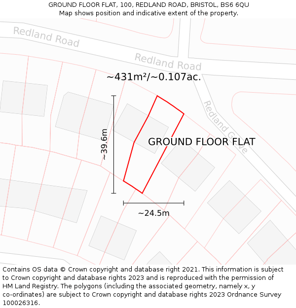 GROUND FLOOR FLAT, 100, REDLAND ROAD, BRISTOL, BS6 6QU: Plot and title map