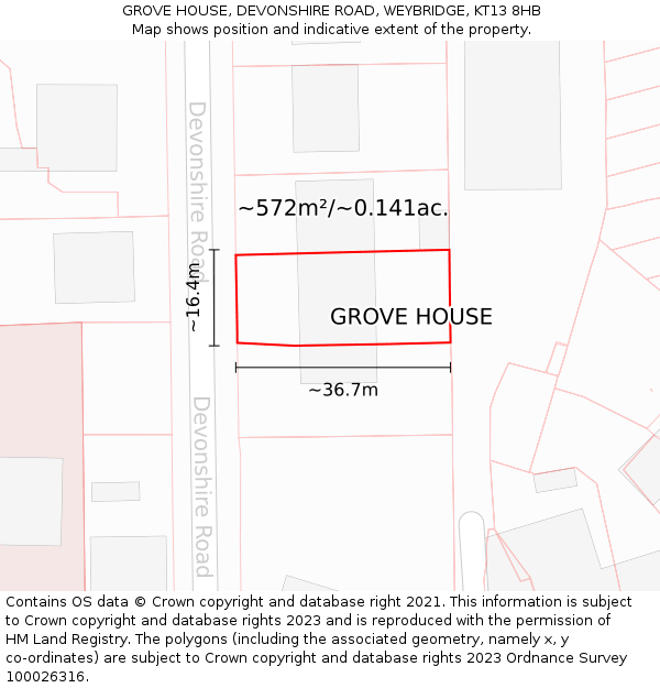 GROVE HOUSE, DEVONSHIRE ROAD, WEYBRIDGE, KT13 8HB: Plot and title map