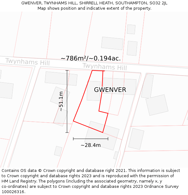 GWENVER, TWYNHAMS HILL, SHIRRELL HEATH, SOUTHAMPTON, SO32 2JL: Plot and title map