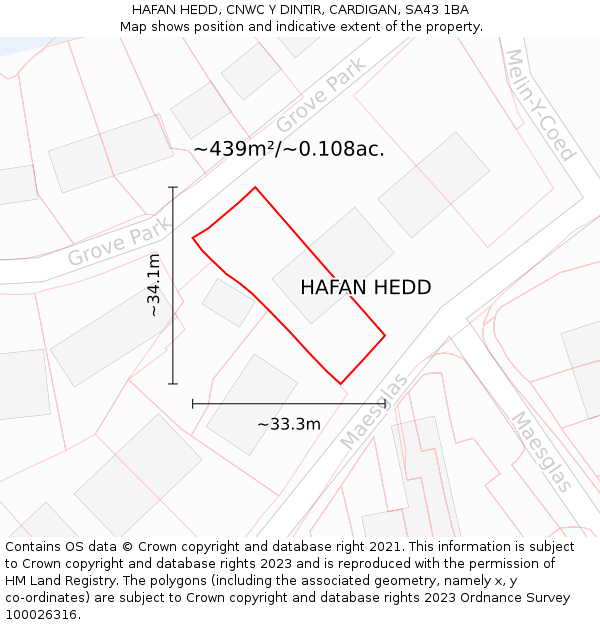 HAFAN HEDD, CNWC Y DINTIR, CARDIGAN, SA43 1BA: Plot and title map