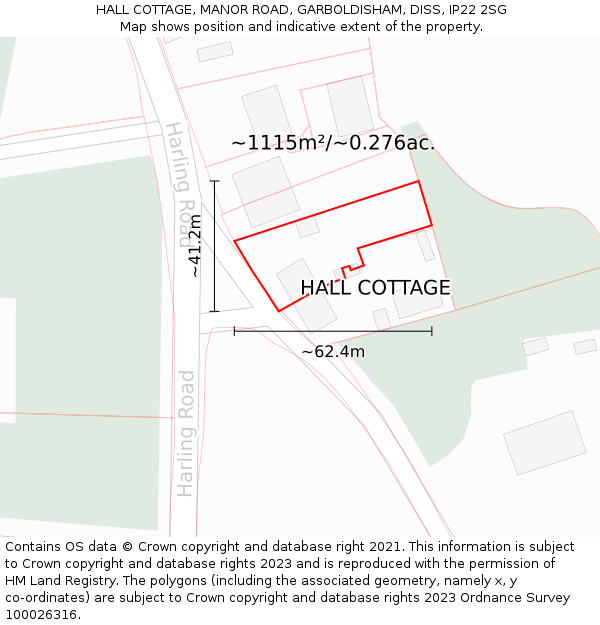 HALL COTTAGE, MANOR ROAD, GARBOLDISHAM, DISS, IP22 2SG: Plot and title map