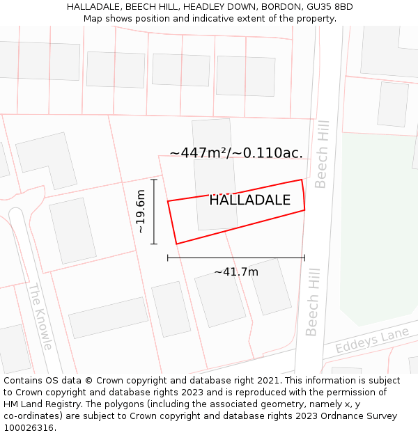 HALLADALE, BEECH HILL, HEADLEY DOWN, BORDON, GU35 8BD: Plot and title map