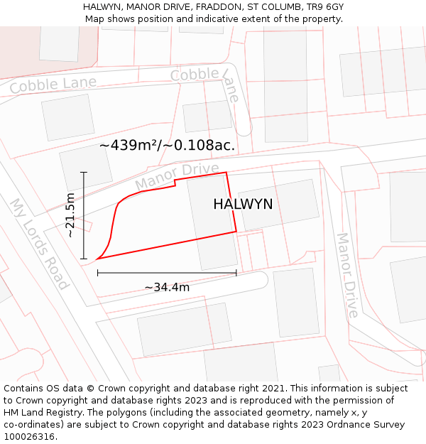 HALWYN, MANOR DRIVE, FRADDON, ST COLUMB, TR9 6GY: Plot and title map