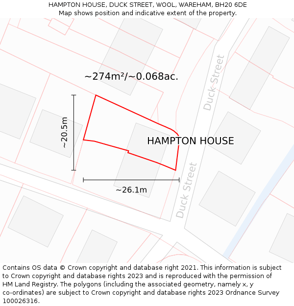 HAMPTON HOUSE, DUCK STREET, WOOL, WAREHAM, BH20 6DE: Plot and title map