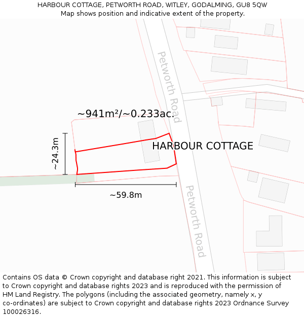 HARBOUR COTTAGE, PETWORTH ROAD, WITLEY, GODALMING, GU8 5QW: Plot and title map