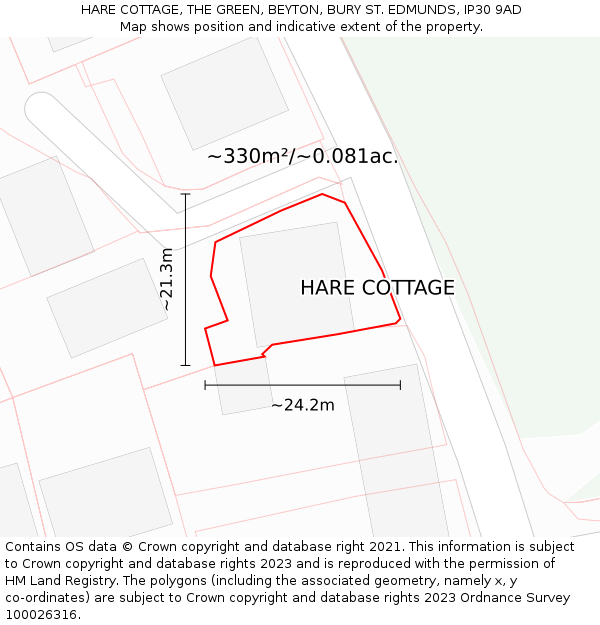 HARE COTTAGE, THE GREEN, BEYTON, BURY ST. EDMUNDS, IP30 9AD: Plot and title map