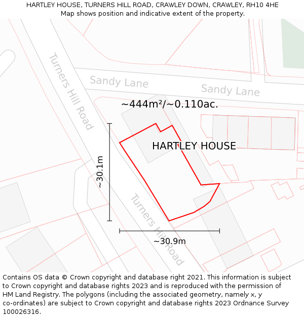 HARTLEY HOUSE, TURNERS HILL ROAD, CRAWLEY DOWN, CRAWLEY, RH10 4HE: Plot and title map