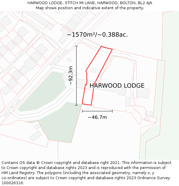 HARWOOD LODGE, STITCH MI LANE, HARWOOD, BOLTON, BL2 4JA: Plot and title map