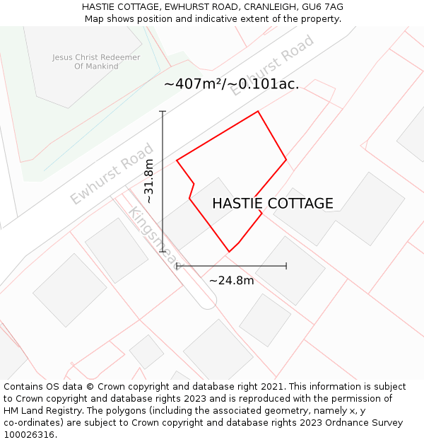 HASTIE COTTAGE, EWHURST ROAD, CRANLEIGH, GU6 7AG: Plot and title map