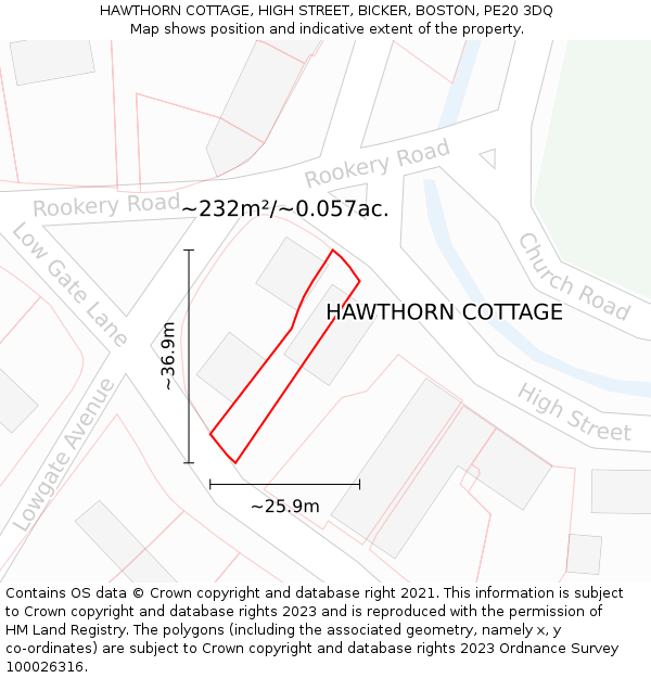 HAWTHORN COTTAGE, HIGH STREET, BICKER, BOSTON, PE20 3DQ: Plot and title map