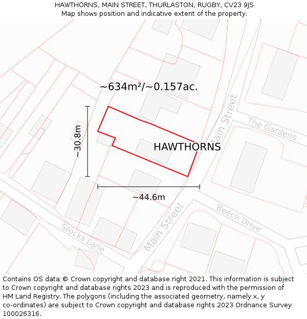 HAWTHORNS, MAIN STREET, THURLASTON, RUGBY, CV23 9JS: Plot and title map