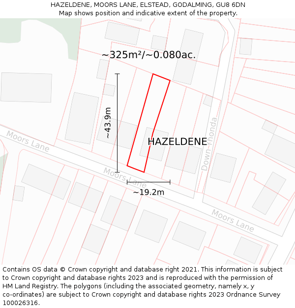 HAZELDENE, MOORS LANE, ELSTEAD, GODALMING, GU8 6DN: Plot and title map