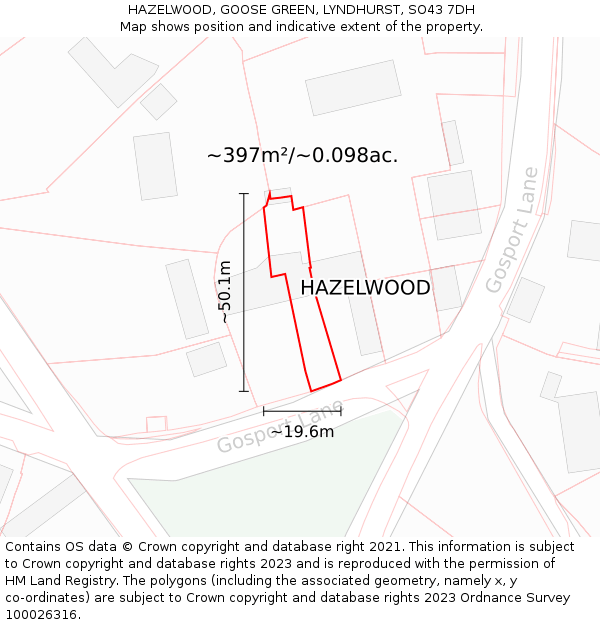 HAZELWOOD, GOOSE GREEN, LYNDHURST, SO43 7DH: Plot and title map