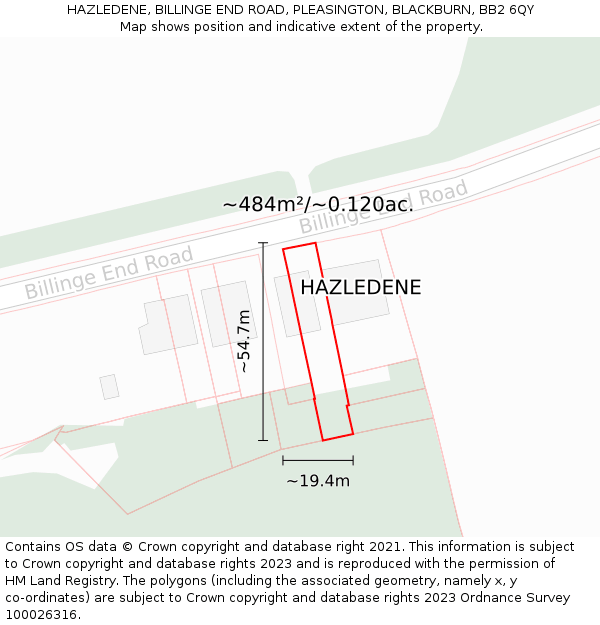 HAZLEDENE, BILLINGE END ROAD, PLEASINGTON, BLACKBURN, BB2 6QY: Plot and title map
