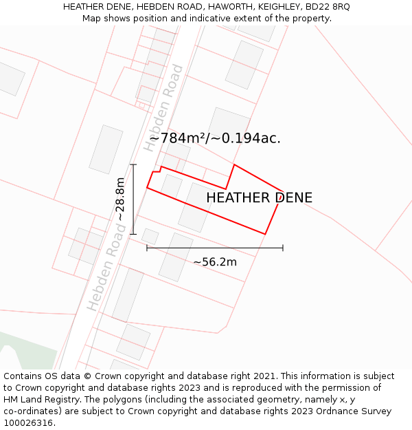 HEATHER DENE, HEBDEN ROAD, HAWORTH, KEIGHLEY, BD22 8RQ: Plot and title map