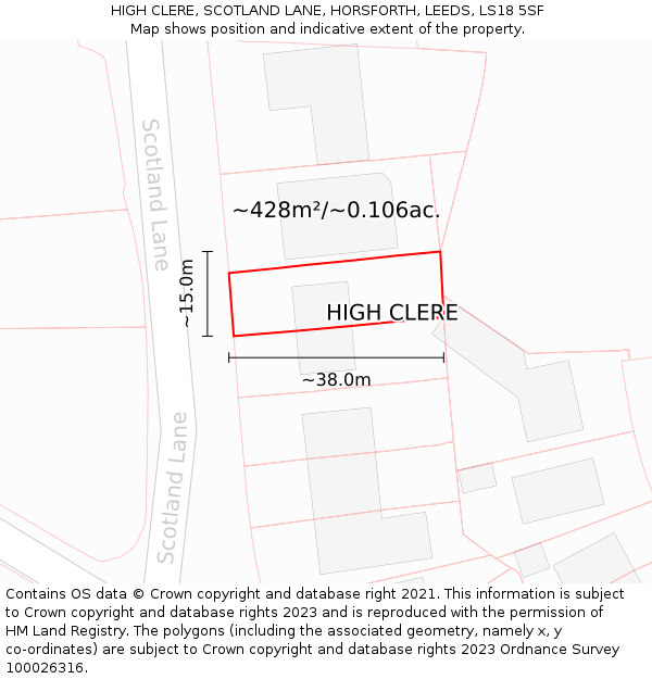 HIGH CLERE, SCOTLAND LANE, HORSFORTH, LEEDS, LS18 5SF: Plot and title map