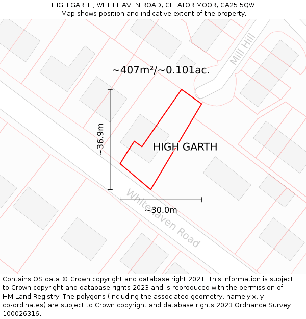 HIGH GARTH, WHITEHAVEN ROAD, CLEATOR MOOR, CA25 5QW: Plot and title map