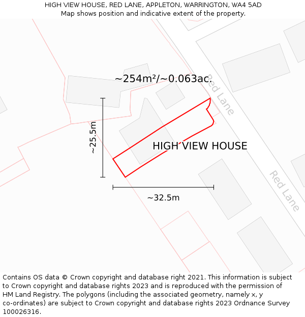 HIGH VIEW HOUSE, RED LANE, APPLETON, WARRINGTON, WA4 5AD: Plot and title map