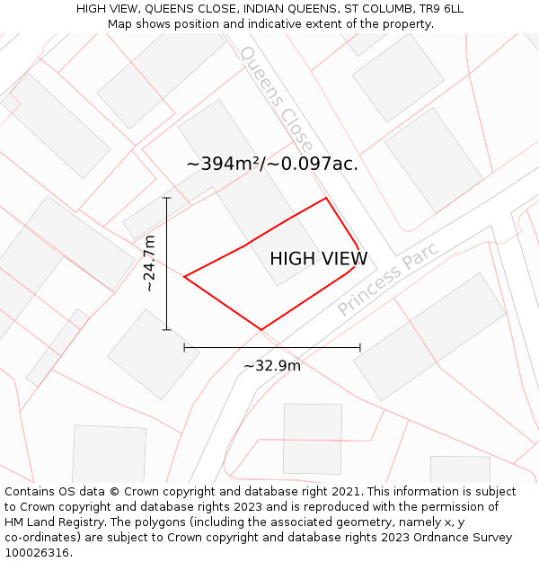 HIGH VIEW, QUEENS CLOSE, INDIAN QUEENS, ST COLUMB, TR9 6LL: Plot and title map