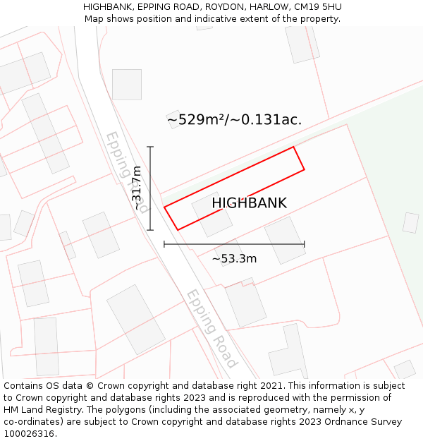 HIGHBANK, EPPING ROAD, ROYDON, HARLOW, CM19 5HU: Plot and title map