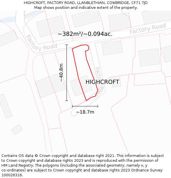 HIGHCROFT, FACTORY ROAD, LLANBLETHIAN, COWBRIDGE, CF71 7JD: Plot and title map