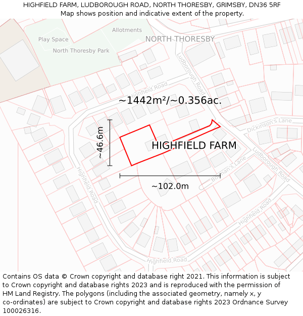 HIGHFIELD FARM, LUDBOROUGH ROAD, NORTH THORESBY, GRIMSBY, DN36 5RF: Plot and title map