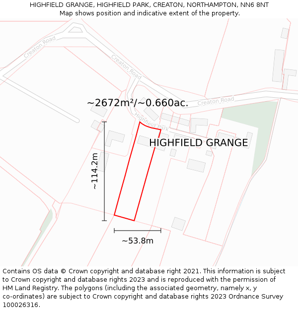 HIGHFIELD GRANGE, HIGHFIELD PARK, CREATON, NORTHAMPTON, NN6 8NT: Plot and title map