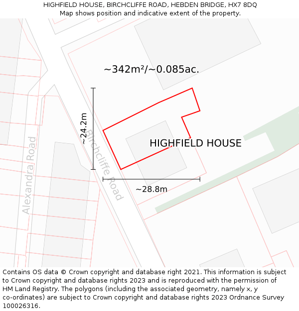 HIGHFIELD HOUSE, BIRCHCLIFFE ROAD, HEBDEN BRIDGE, HX7 8DQ: Plot and title map