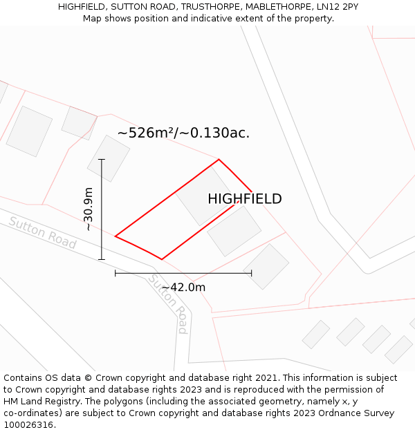 HIGHFIELD, SUTTON ROAD, TRUSTHORPE, MABLETHORPE, LN12 2PY: Plot and title map