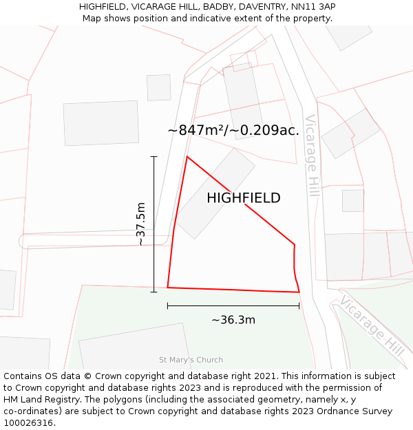 HIGHFIELD, VICARAGE HILL, BADBY, DAVENTRY, NN11 3AP: Plot and title map