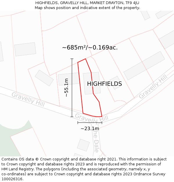 HIGHFIELDS, GRAVELLY HILL, MARKET DRAYTON, TF9 4JU: Plot and title map