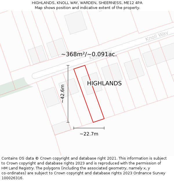 HIGHLANDS, KNOLL WAY, WARDEN, SHEERNESS, ME12 4PA: Plot and title map