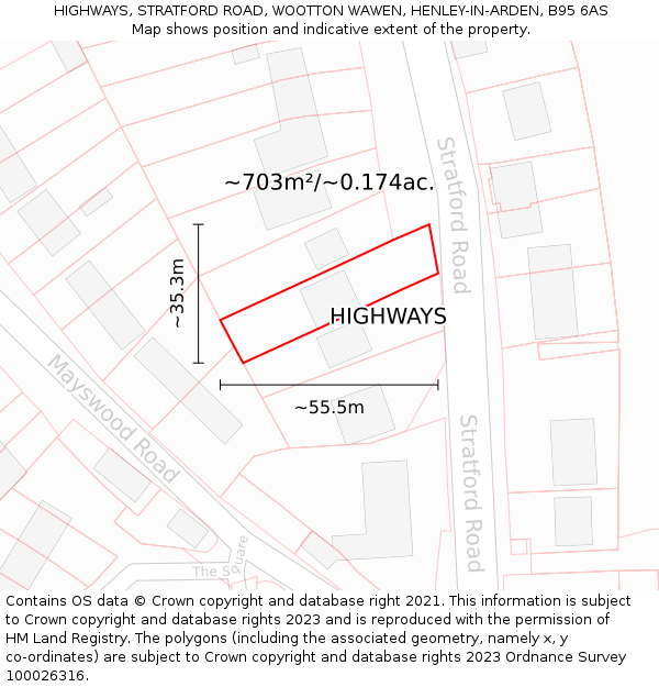 HIGHWAYS, STRATFORD ROAD, WOOTTON WAWEN, HENLEY-IN-ARDEN, B95 6AS: Plot and title map