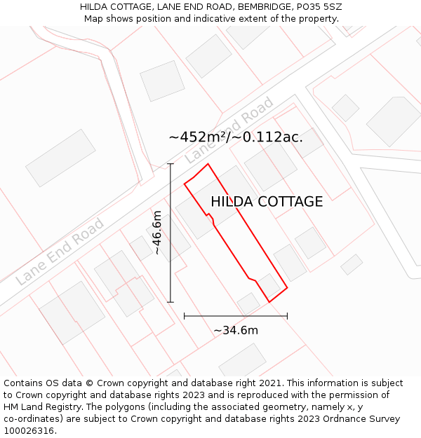 HILDA COTTAGE, LANE END ROAD, BEMBRIDGE, PO35 5SZ: Plot and title map