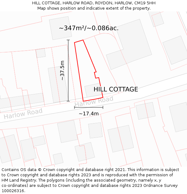 HILL COTTAGE, HARLOW ROAD, ROYDON, HARLOW, CM19 5HH: Plot and title map