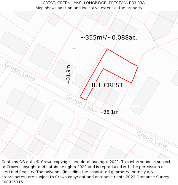 HILL CREST, GREEN LANE, LONGRIDGE, PRESTON, PR3 3RA: Plot and title map