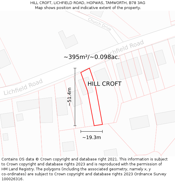 HILL CROFT, LICHFIELD ROAD, HOPWAS, TAMWORTH, B78 3AG: Plot and title map