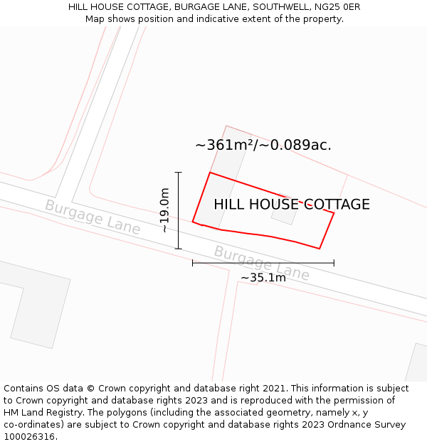 HILL HOUSE COTTAGE, BURGAGE LANE, SOUTHWELL, NG25 0ER: Plot and title map