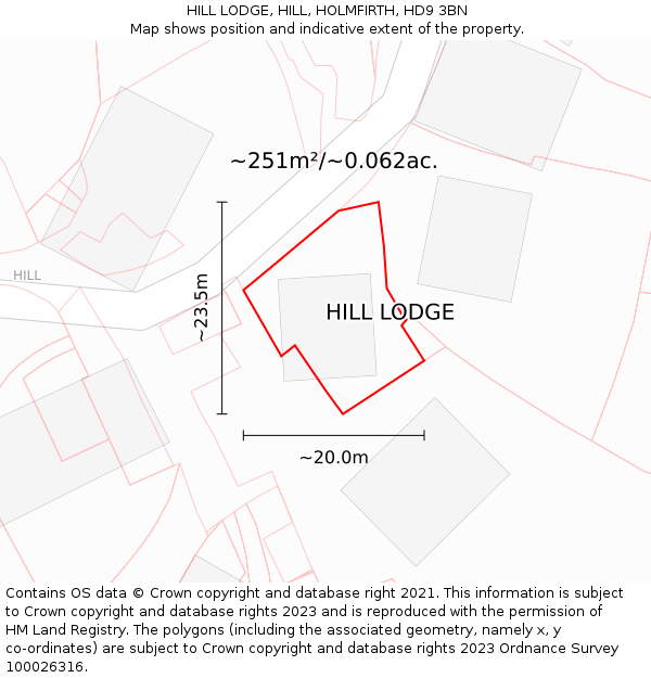 HILL LODGE, HILL, HOLMFIRTH, HD9 3BN: Plot and title map