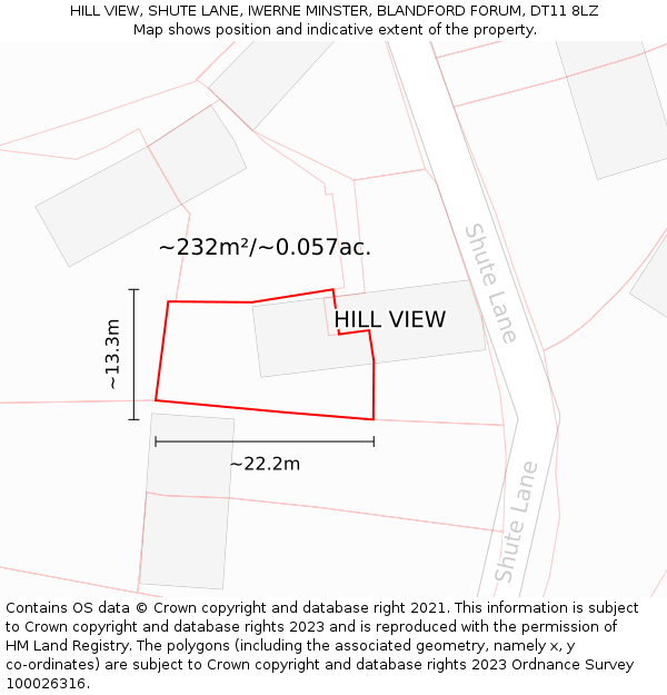 HILL VIEW, SHUTE LANE, IWERNE MINSTER, BLANDFORD FORUM, DT11 8LZ: Plot and title map