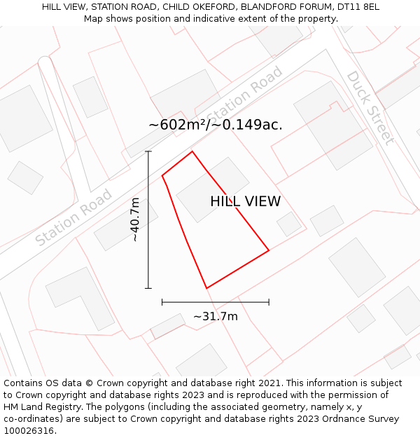 HILL VIEW, STATION ROAD, CHILD OKEFORD, BLANDFORD FORUM, DT11 8EL: Plot and title map