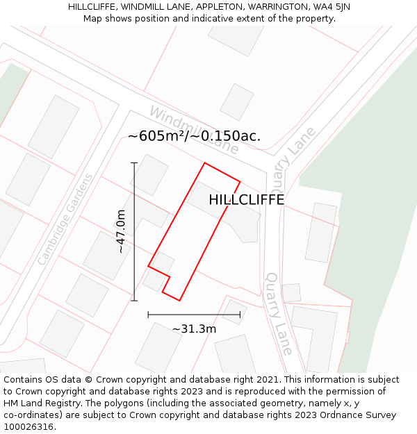 HILLCLIFFE, WINDMILL LANE, APPLETON, WARRINGTON, WA4 5JN: Plot and title map