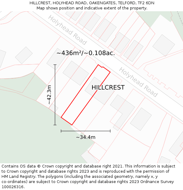 HILLCREST, HOLYHEAD ROAD, OAKENGATES, TELFORD, TF2 6DN: Plot and title map