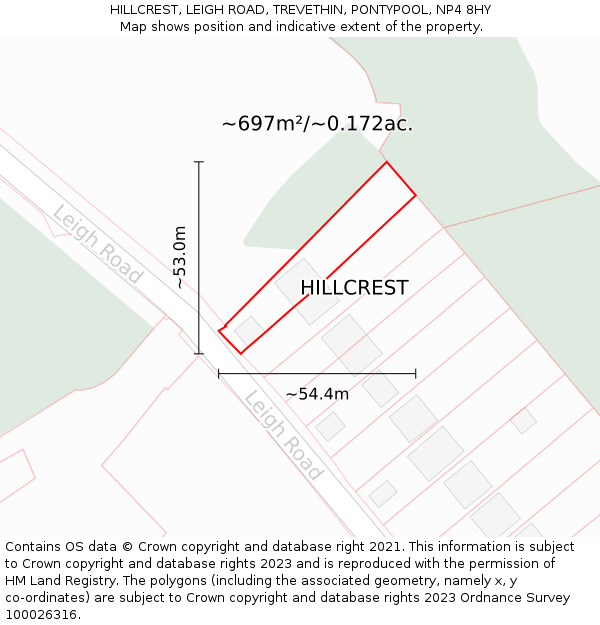HILLCREST, LEIGH ROAD, TREVETHIN, PONTYPOOL, NP4 8HY: Plot and title map